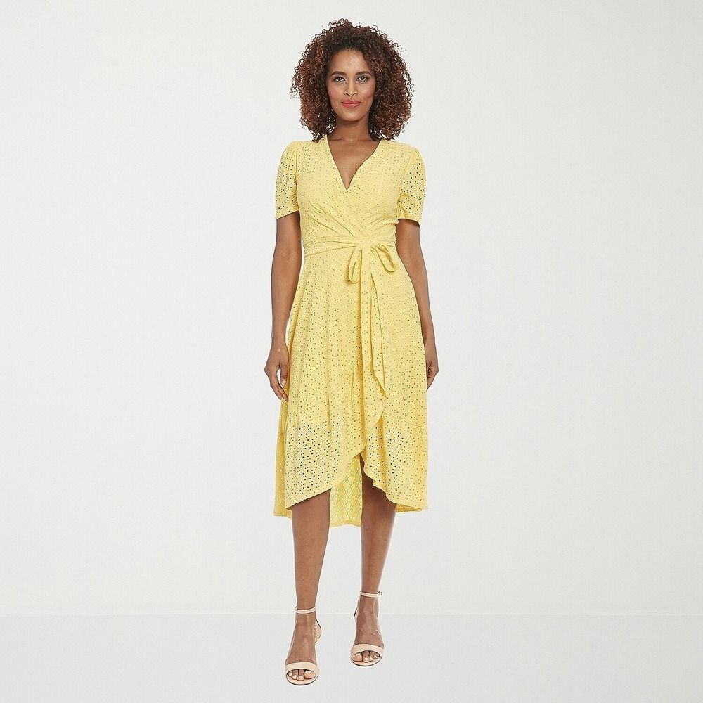 MSRP $89 London Style Women's 10 Snapdragon Yellow Midi Dress V Neck Short